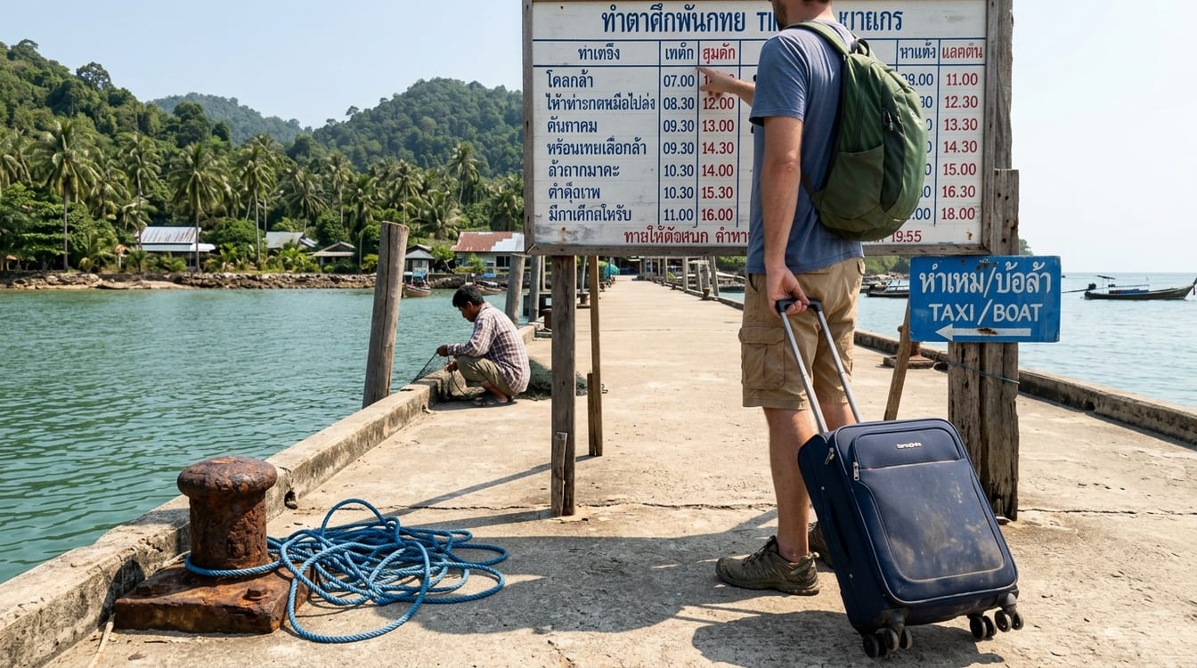 Pier désert de Koh Yao Yai devant un panneau d'horaires en thaï