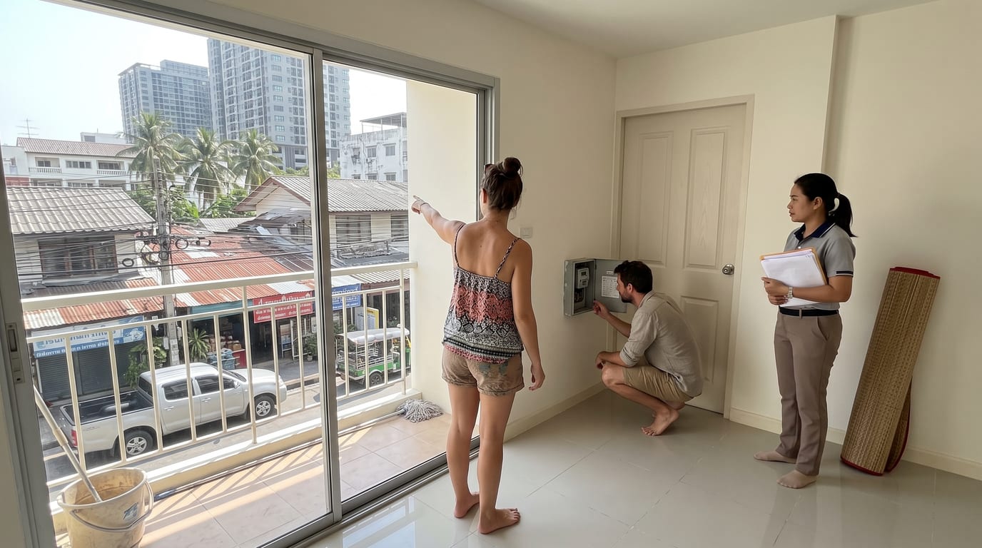 Couple français visitant un appartement à louer en Thaïlande avant la signature du bail