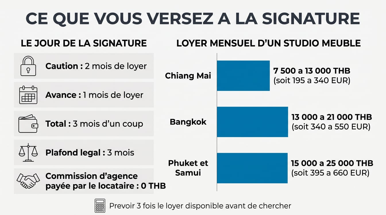 Caution, avance et loyers d'un studio meublé par ville en Thaïlande