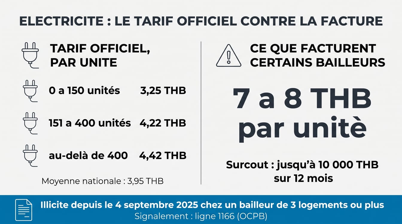 Tarif officiel de l'électricité en Thaïlande face aux montants facturés par les bailleurs