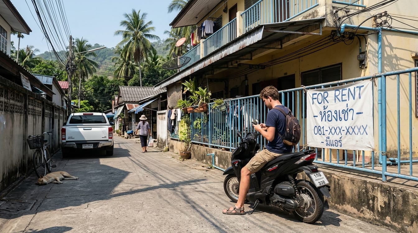 Annonce de location affichée dans une soi de Chiang Mai pour louer un logement en Thaïlande