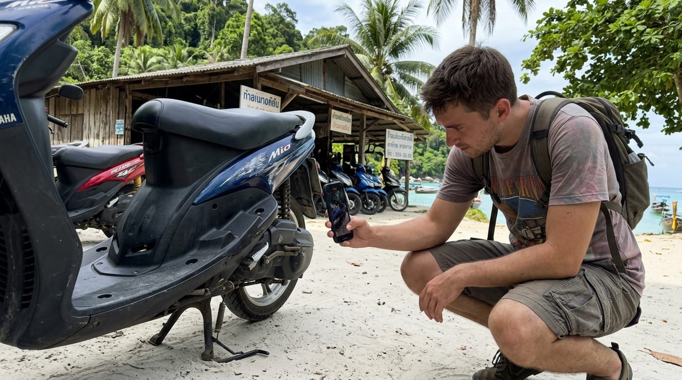 État des lieux filmé avant de louer un scooter en Thaïlande