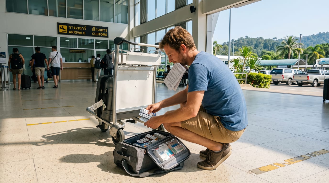 Voyageur français triant ses boîtes de médicaments dans le hall d'arrivée d'un aéroport thaïlandais