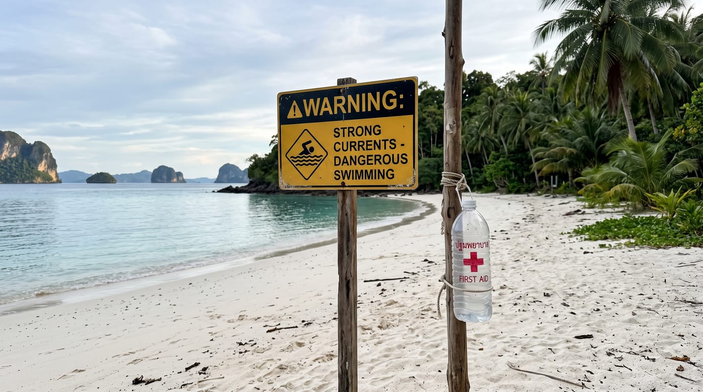 Panneau d'avertissement méduses planté sur une plage de Thaïlande