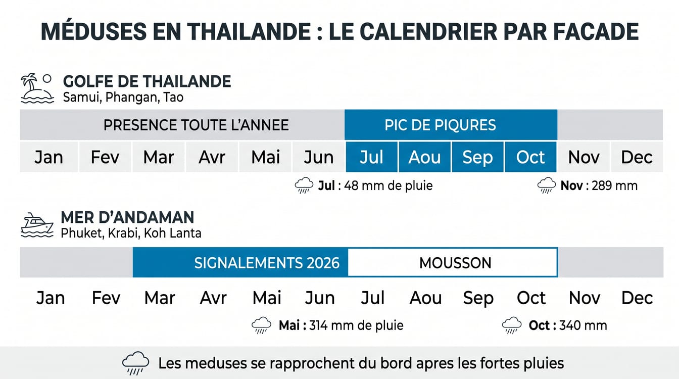 Calendrier des méduses en Thaïlande, golfe et mer d'Andaman