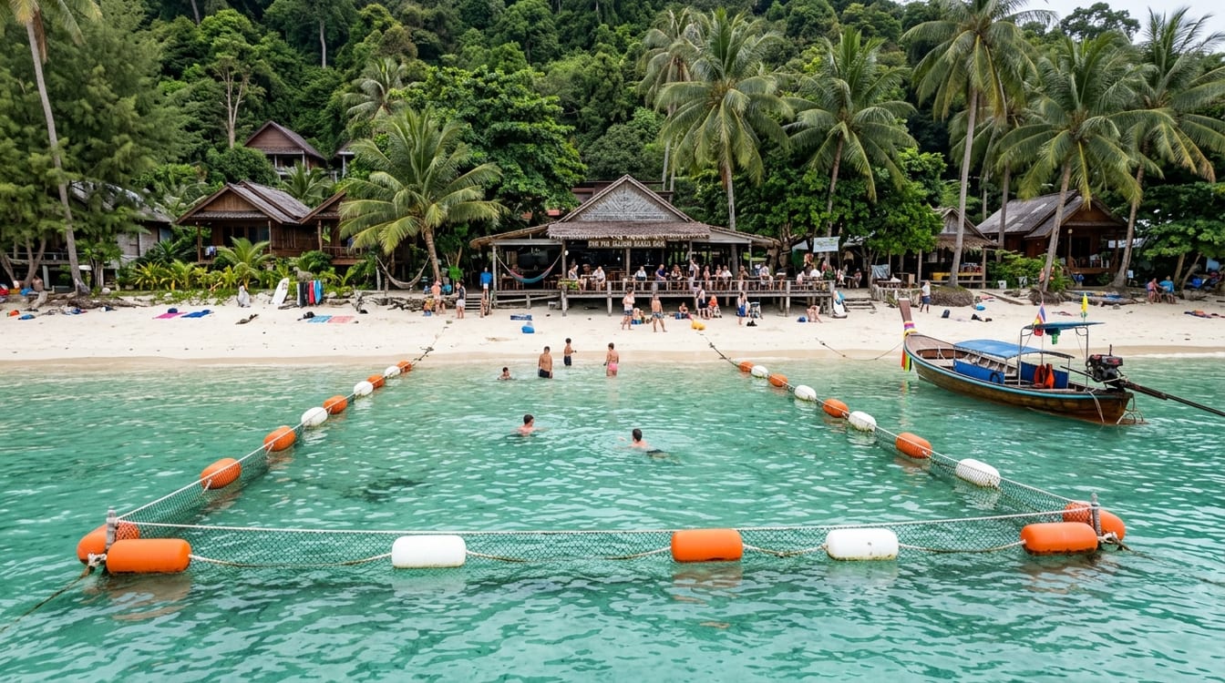Filet anti-méduses installé sur une plage de Thaïlande