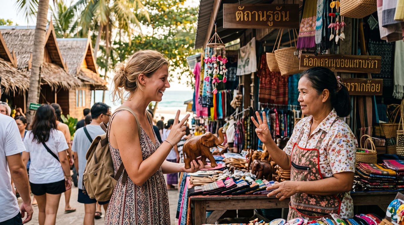 Vendeuse et cliente discutant un prix sur un marché de nuit thaïlandais