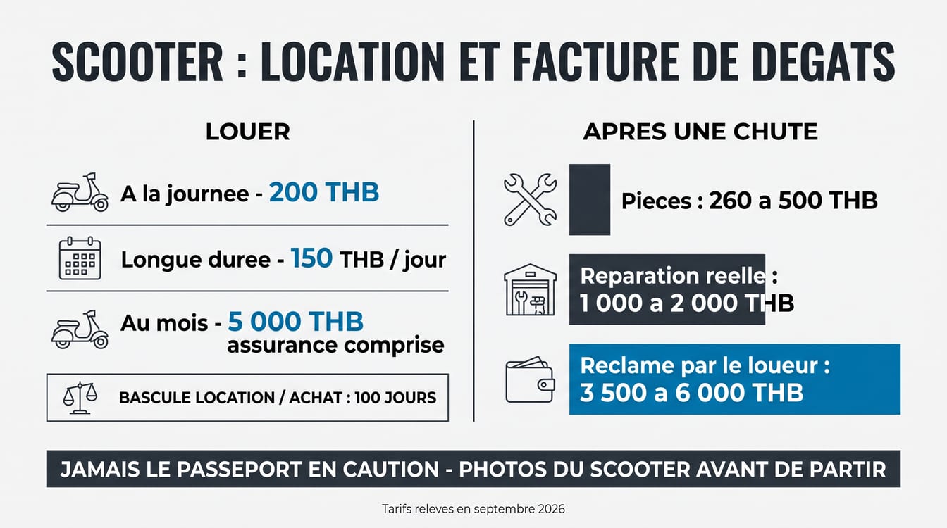 Prix de location d'un scooter en Thaïlande au jour, à la semaine et au mois, et coût réel des réparations