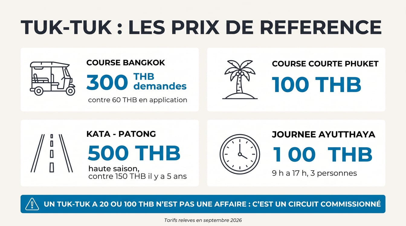 Tarifs de référence d'une course en tuk-tuk en Thaïlande, du trajet court à la journée complète
