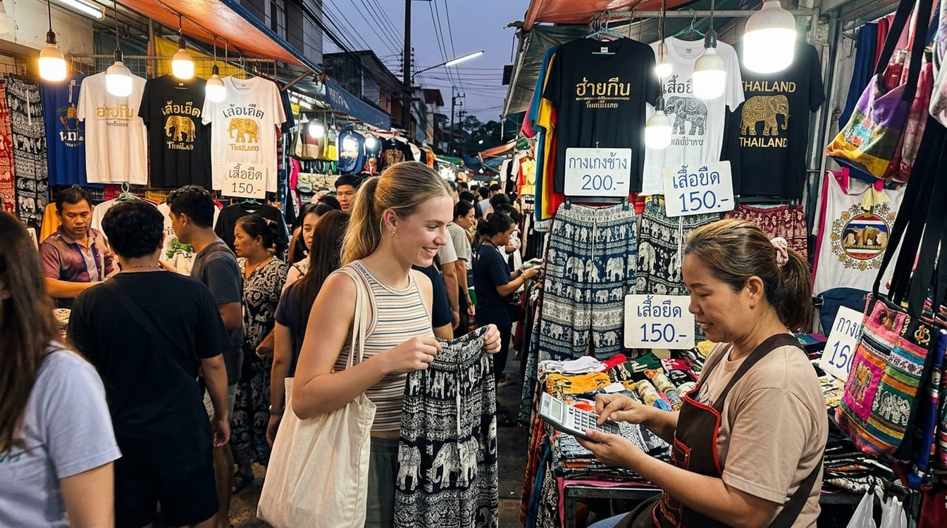Étal de textile sur un marché de nuit thaïlandais, prix annoncé à la calculatrice