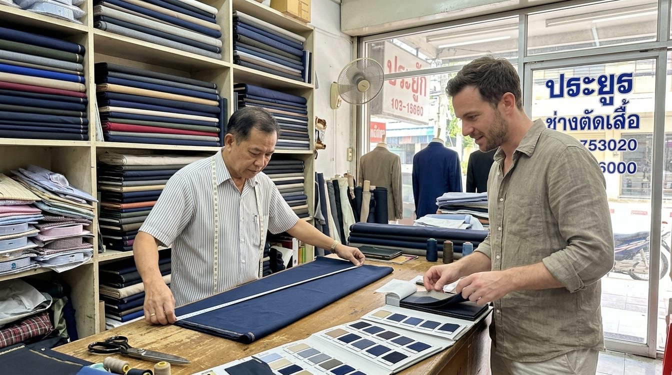 Atelier de tailleur sur mesure à Bangkok, tissus et mètre ruban sur le comptoir