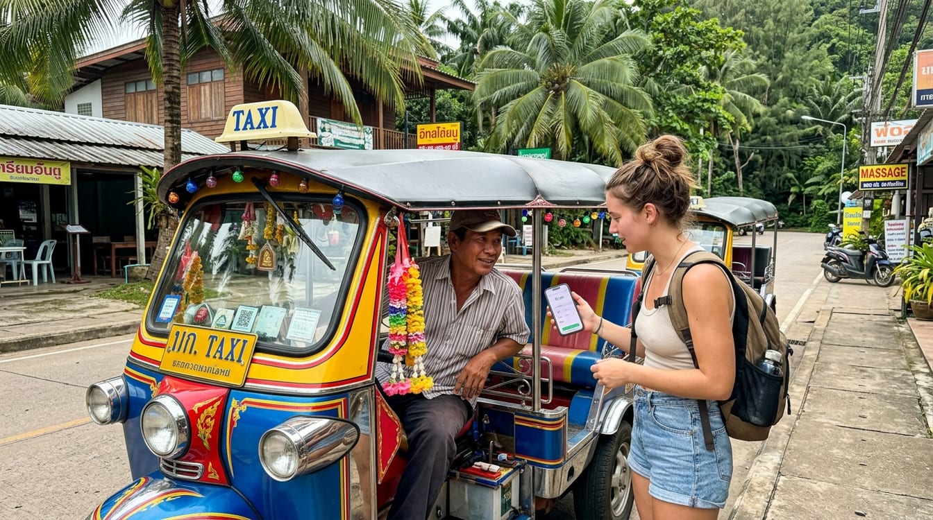 Tuk-tuk à l'arrêt dans une rue de Bangkok, chauffeur en attente de clients