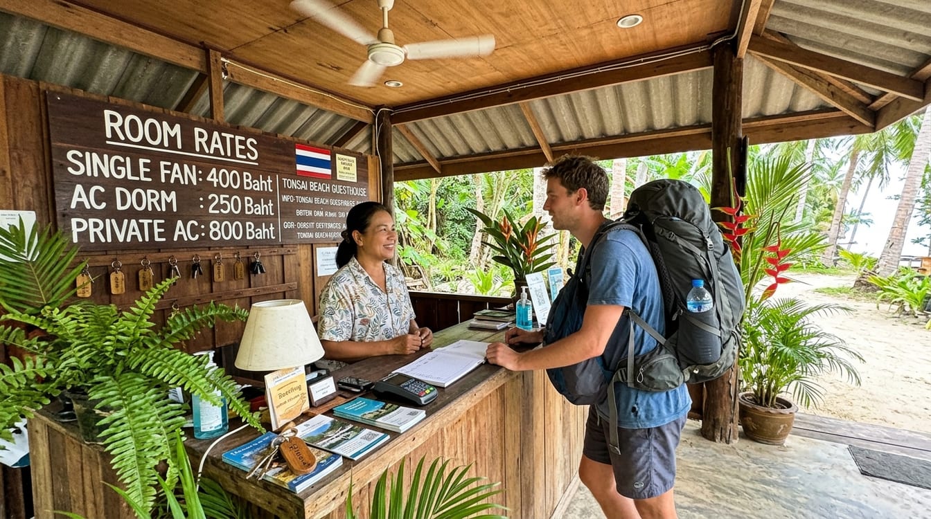 Réception d'une guesthouse thaïlandaise, tableau des chambres disponibles