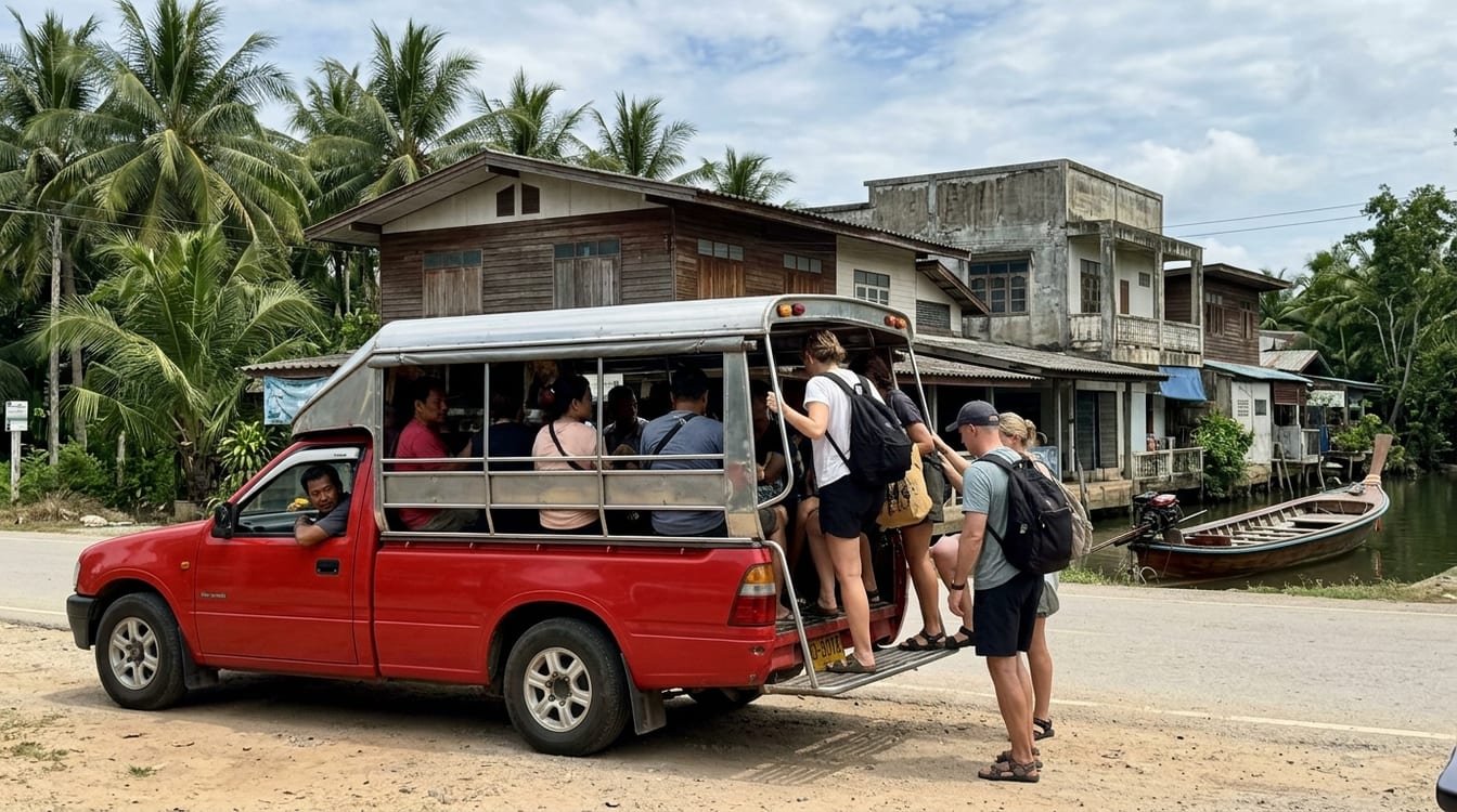 Songthaew à plateau chargé de passagers sur une route thaïlandaise