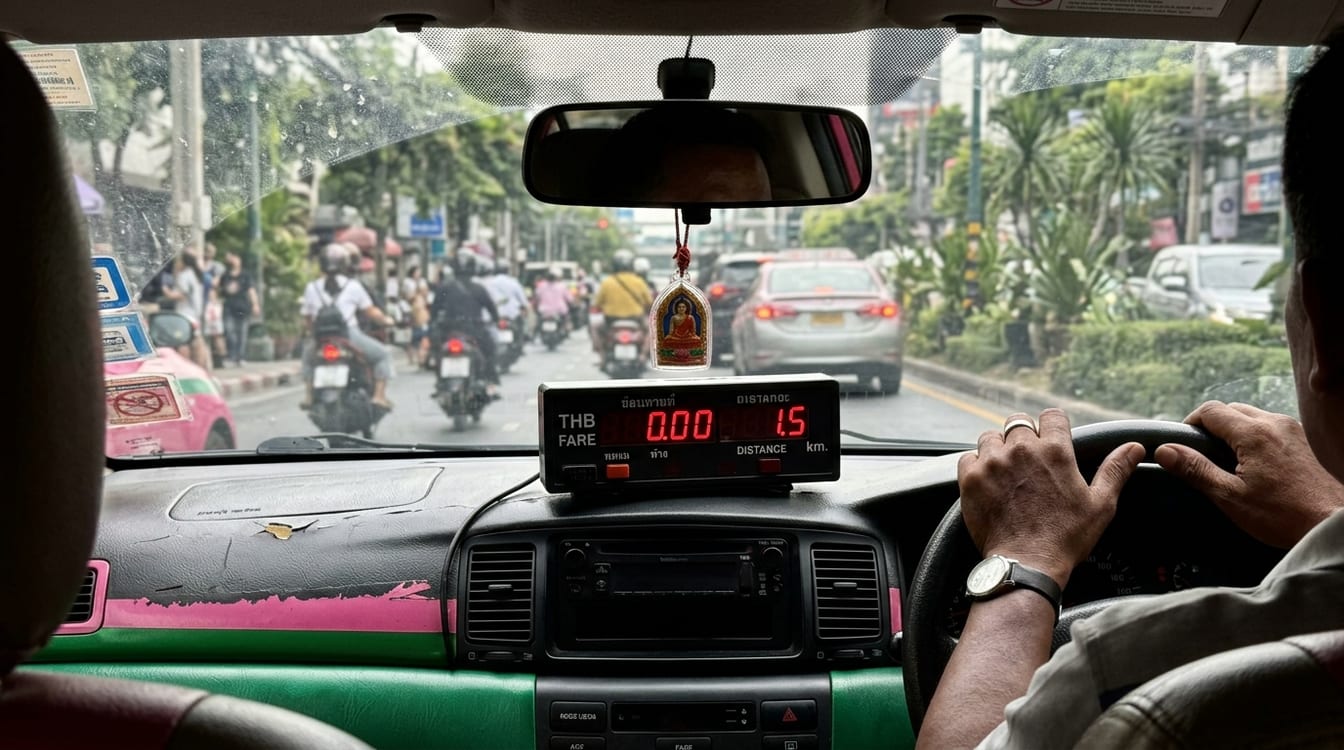Taximètre allumé dans un taxi de Bangkok affichant la prise en charge