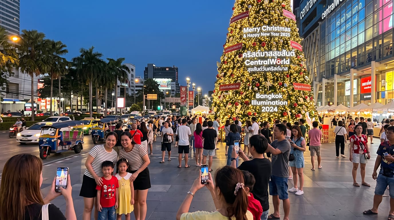 Sapin de Noël géant illuminé devant un centre commercial de Bangkok en décembre