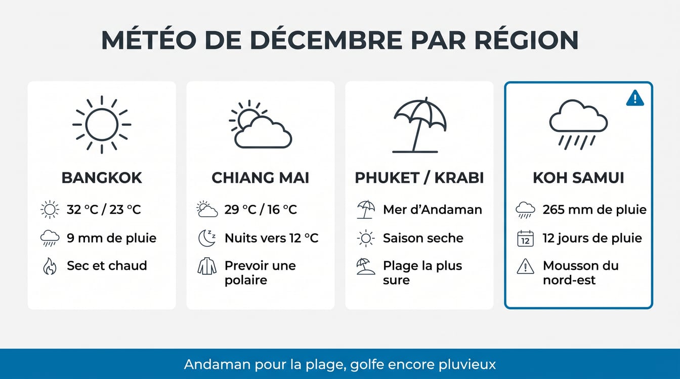 Météo de décembre par région en Thaïlande, températures et pluie