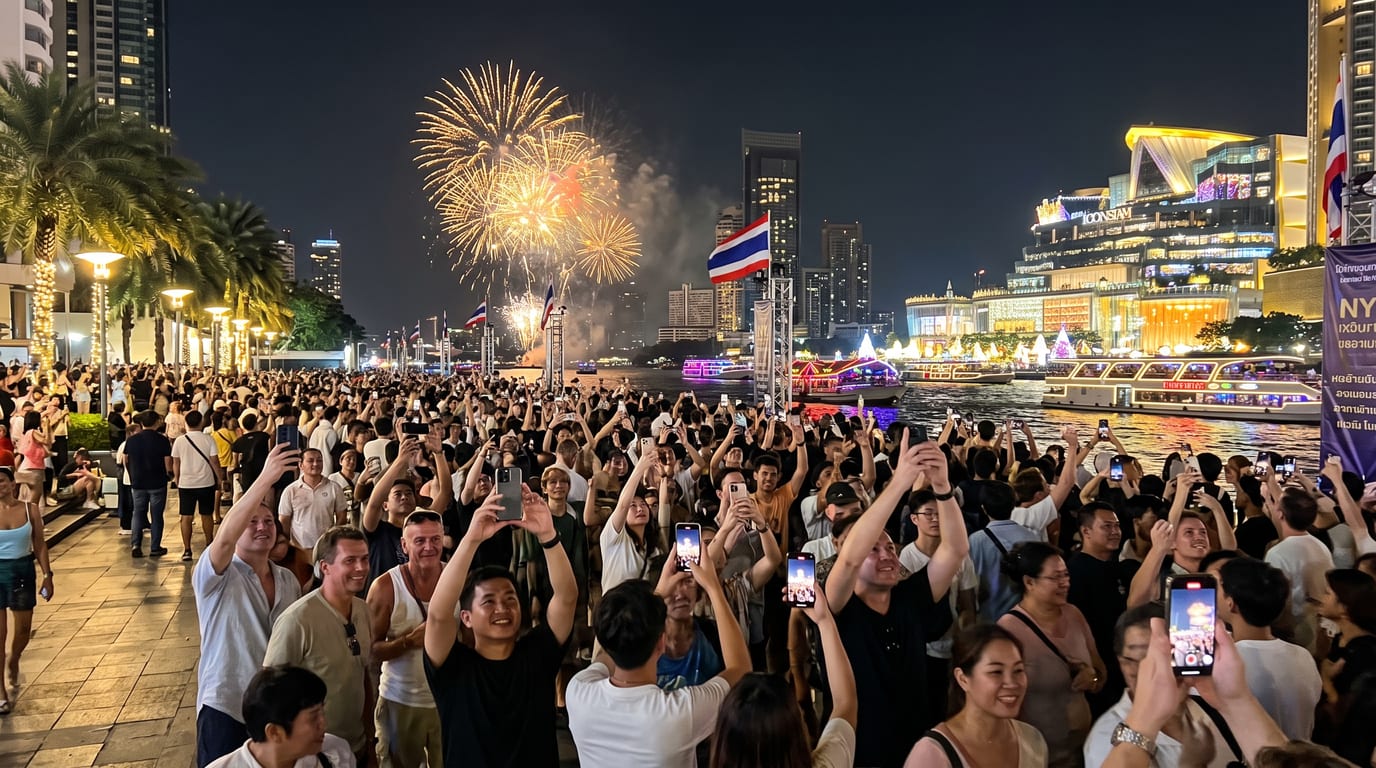 Feu d'artifice du Nouvel An au-dessus du Chao Phraya à Bangkok
