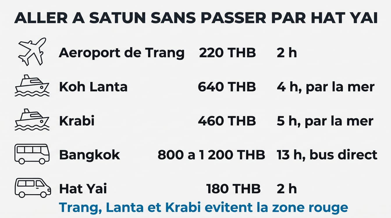 Quatre accès à Satun sans passer par Hat Yai, prix et durées