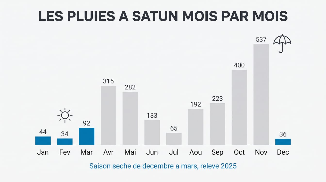 Pluies mensuelles relevées à Satun, millimètres et jours de pluie