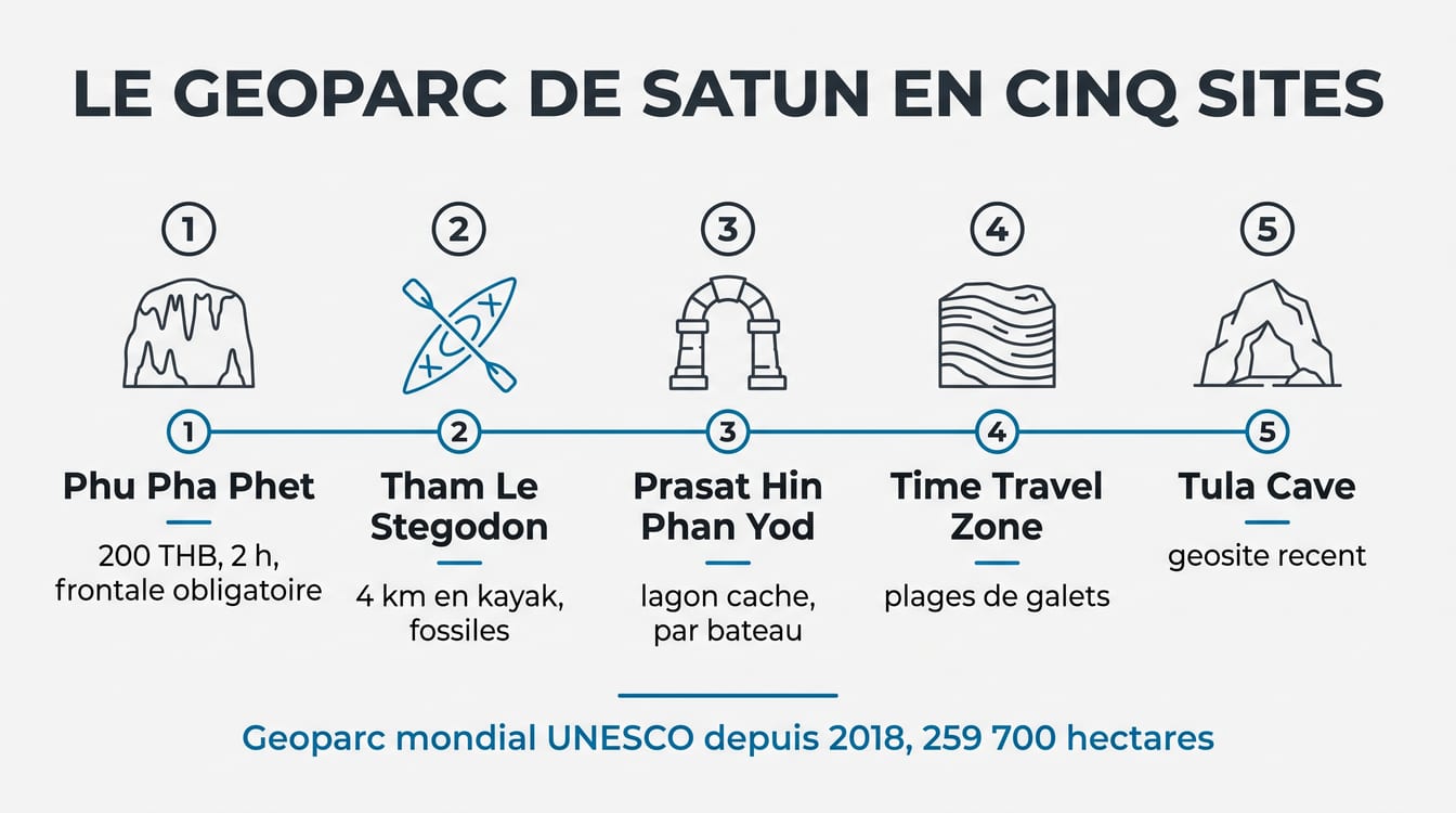 Cinq géosites du géoparc UNESCO de Satun, prix et durées de visite
