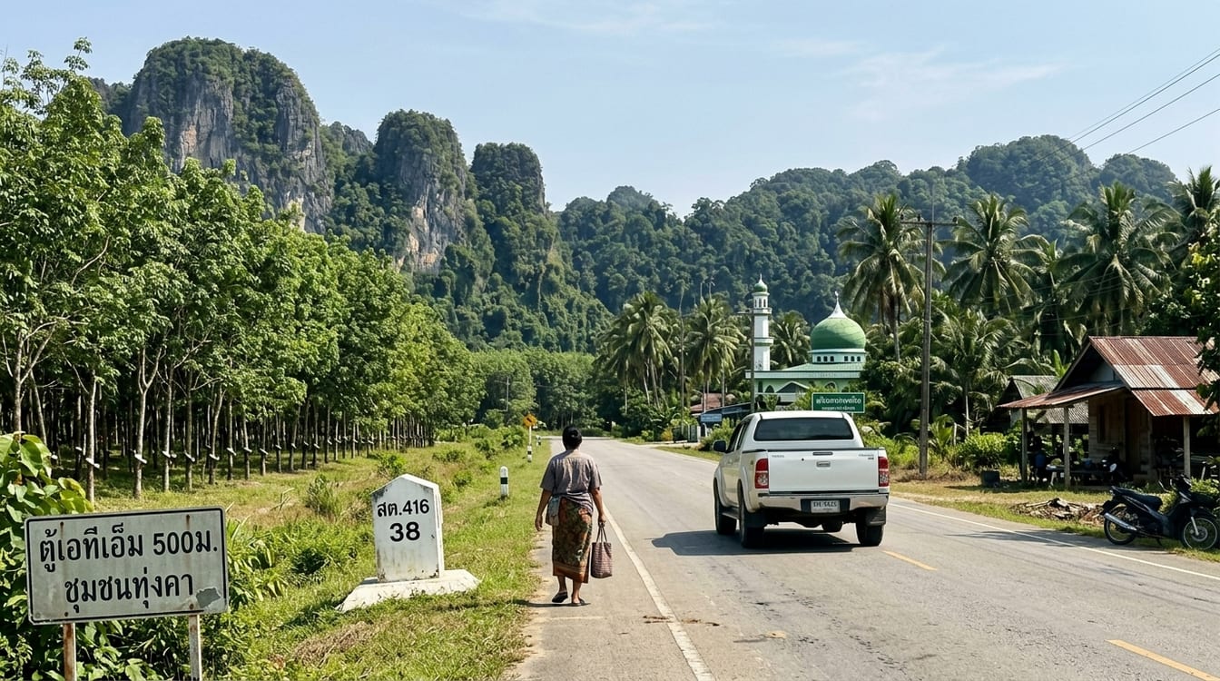 Route provinciale bordée d'hévéas dans la province de Satun