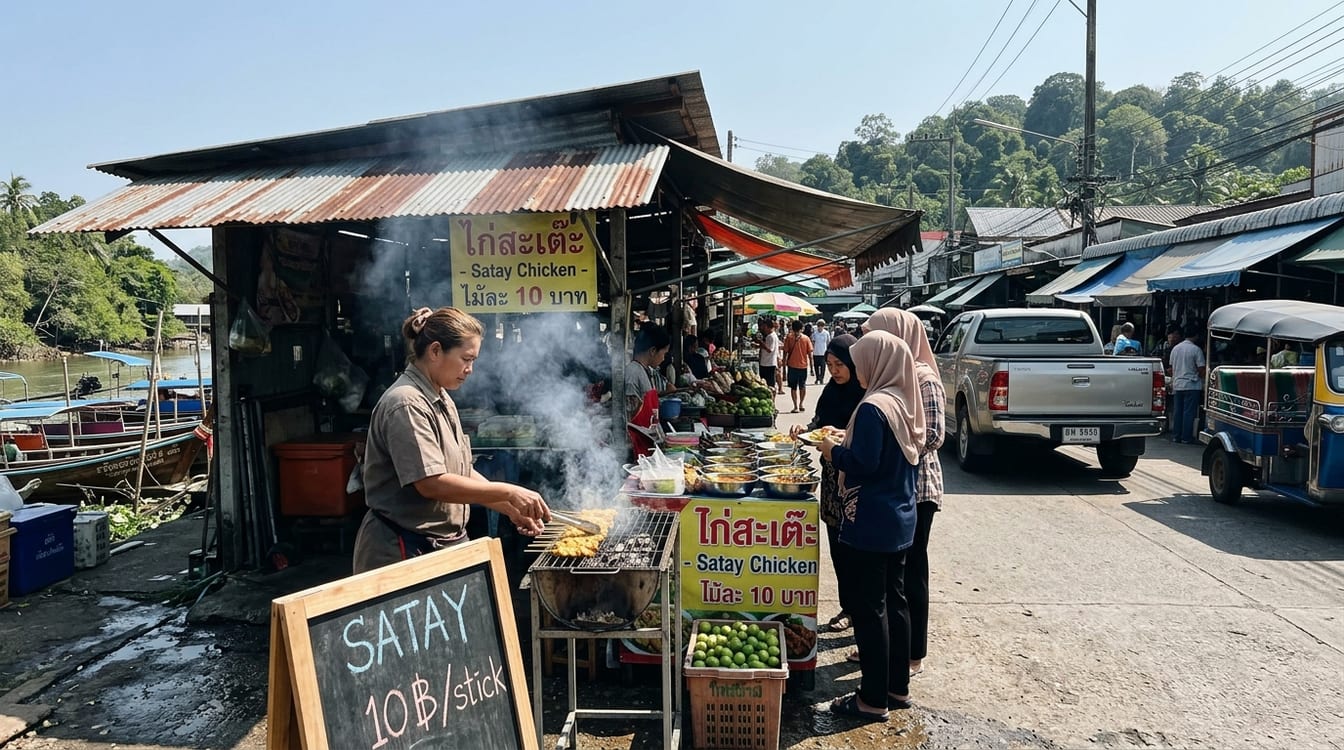 Marché du soir de Satun ville, étal de cuisine halal
