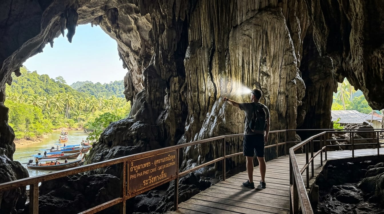 Grotte calcaire du géoparc UNESCO de Satun, visiteur sur la passerelle