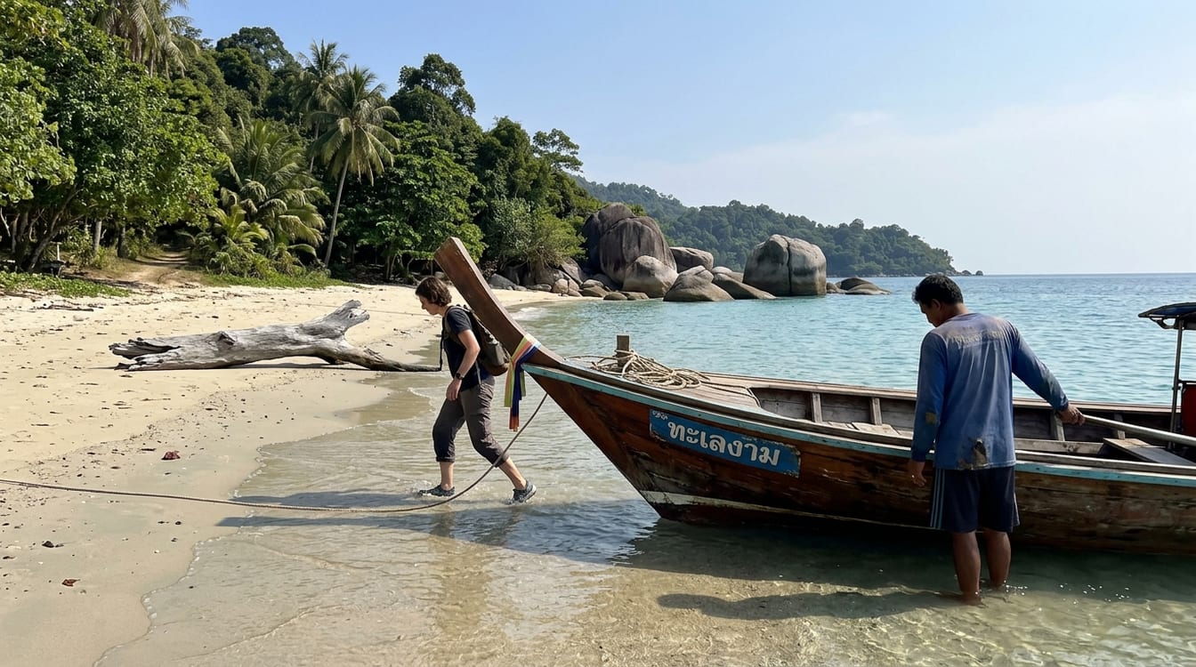 Bateau à longue queue sur une plage du parc de Tarutao, au large de Satun