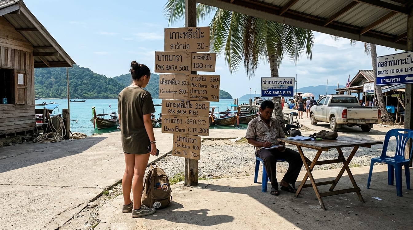 Panneaux d'horaires manuscrits au port de Pak Bara, à Satun