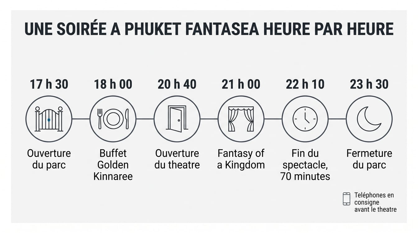 Déroulé d'une soirée à Phuket FantaSea de 17 h 30 à 23 h 30