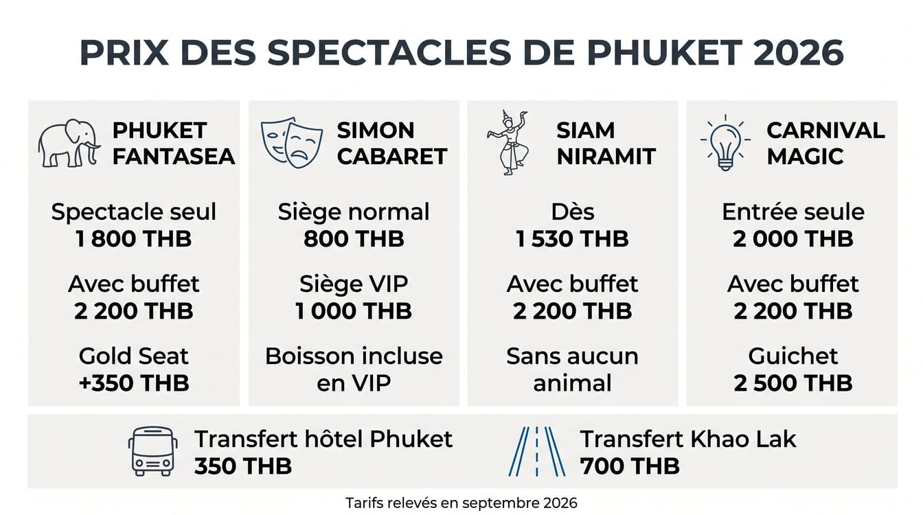 Tarifs comparés des quatre spectacles de Phuket et prix des transferts