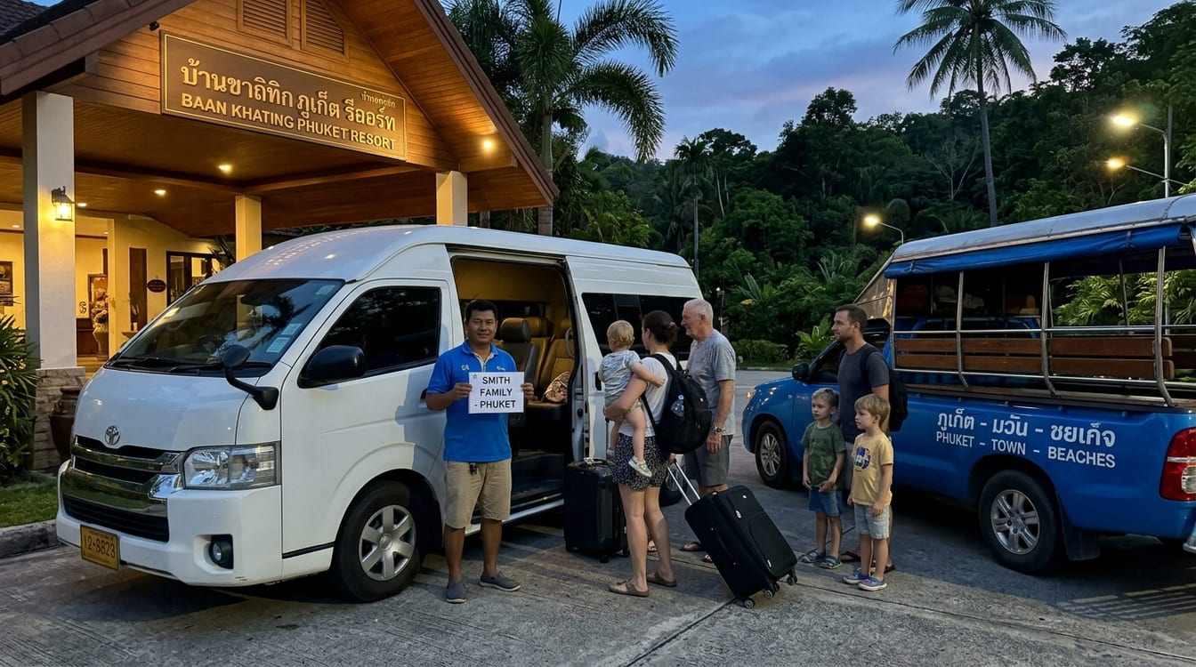 Navettes de transfert vers les spectacles de Phuket devant un hôtel