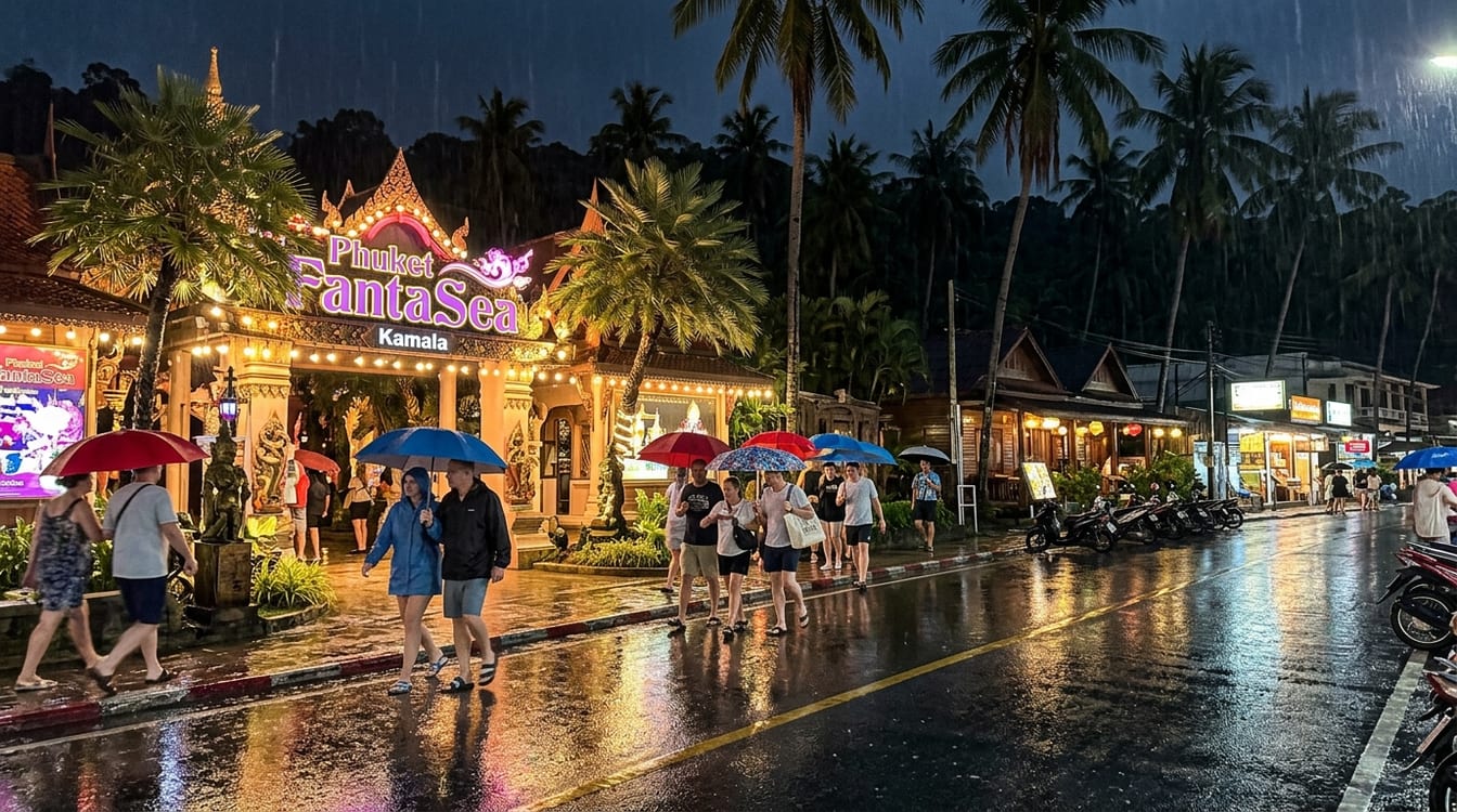 Averse de mousson sur l'allée d'un parc à spectacle de Phuket
