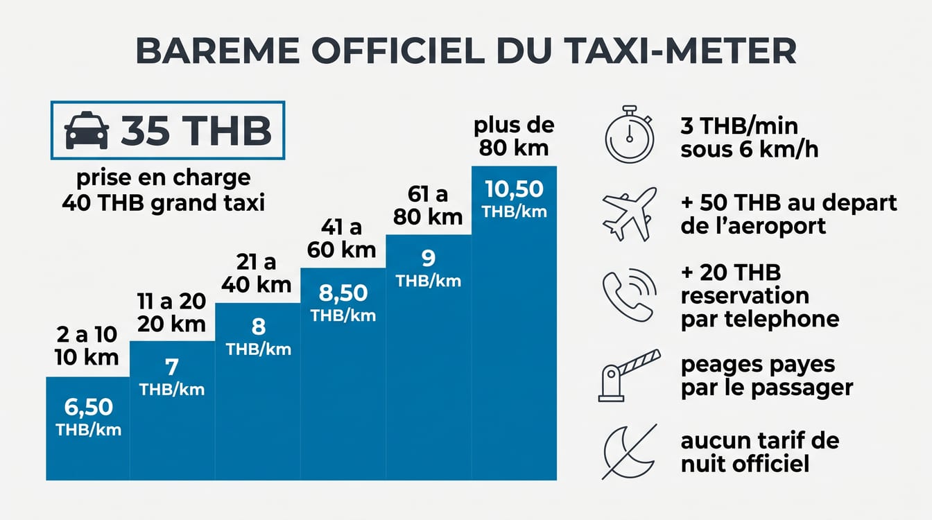 Barème officiel du taxi en Thaïlande, prise en charge et prix au kilomètre