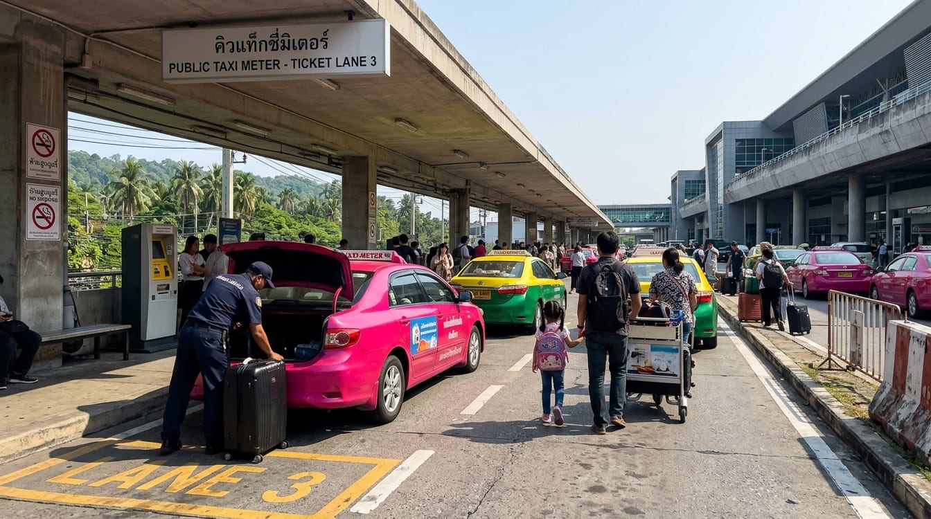 File de taxis publics au niveau 1 des arrivées de Suvarnabhumi à Bangkok