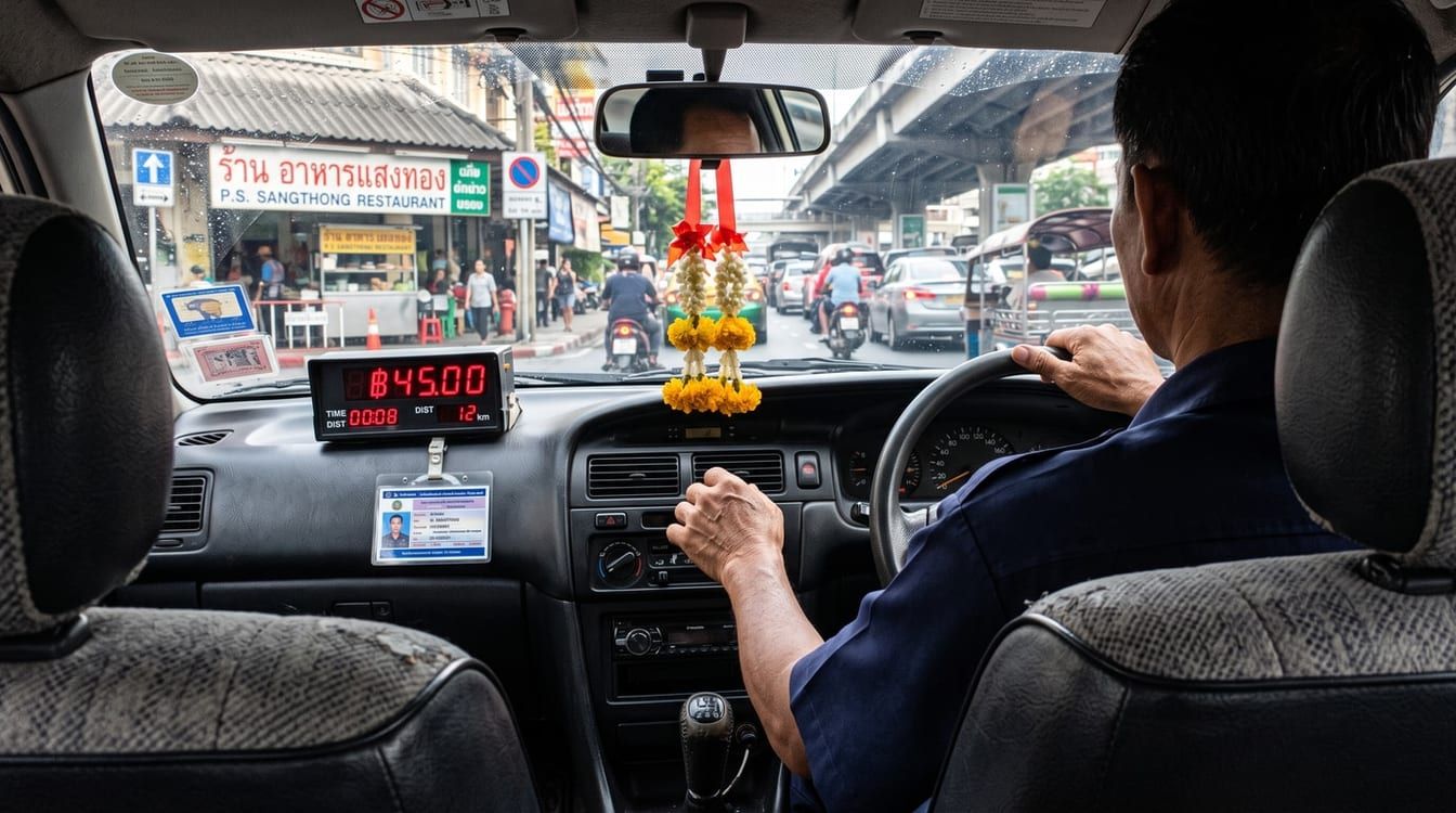 Compteur d'un taxi à Bangkok affichant 45 bahts, carte du chauffeur sur le tableau de bord