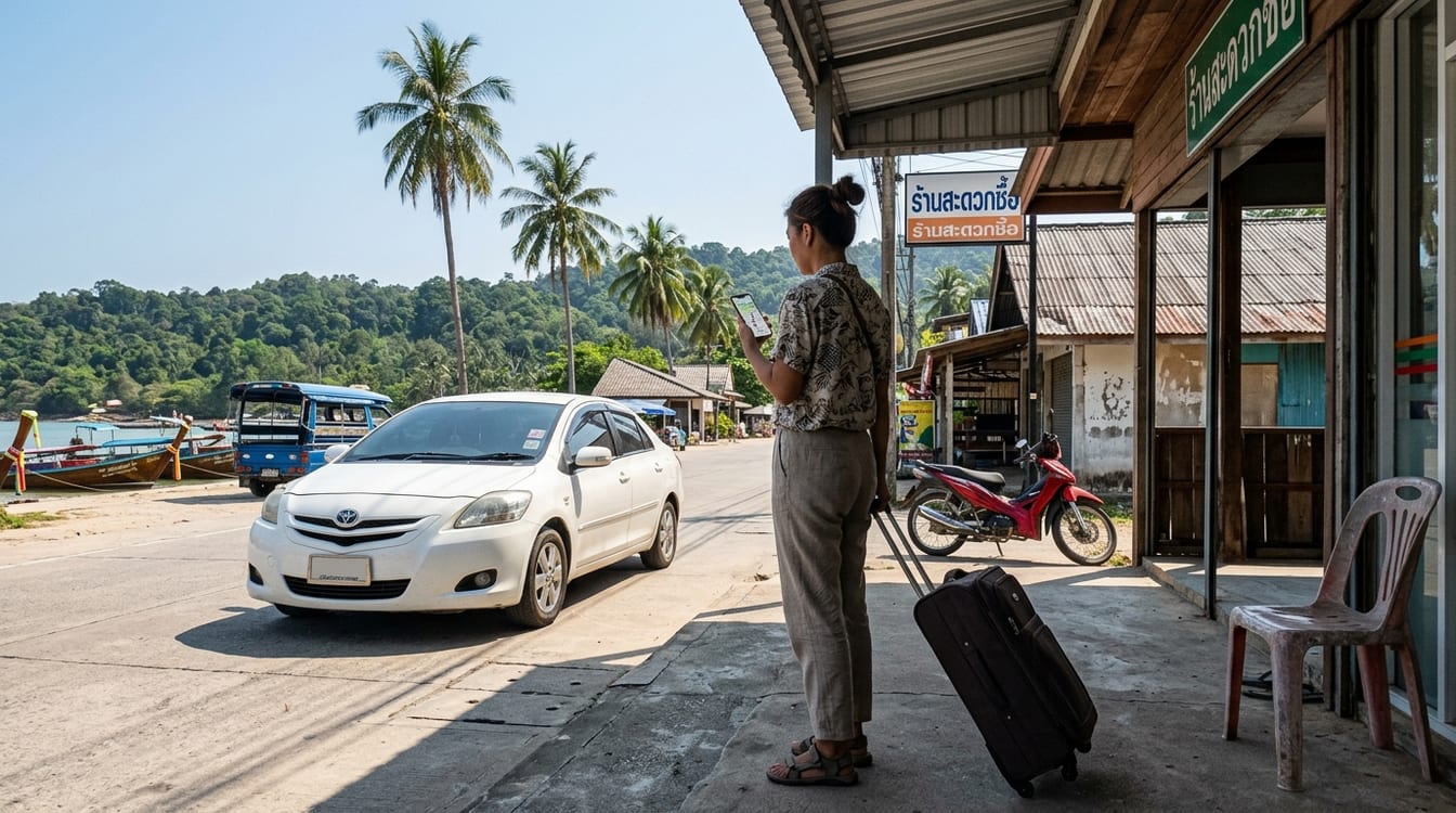 Application Grab ouverte sur un téléphone à côté d'un taxi en Thaïlande