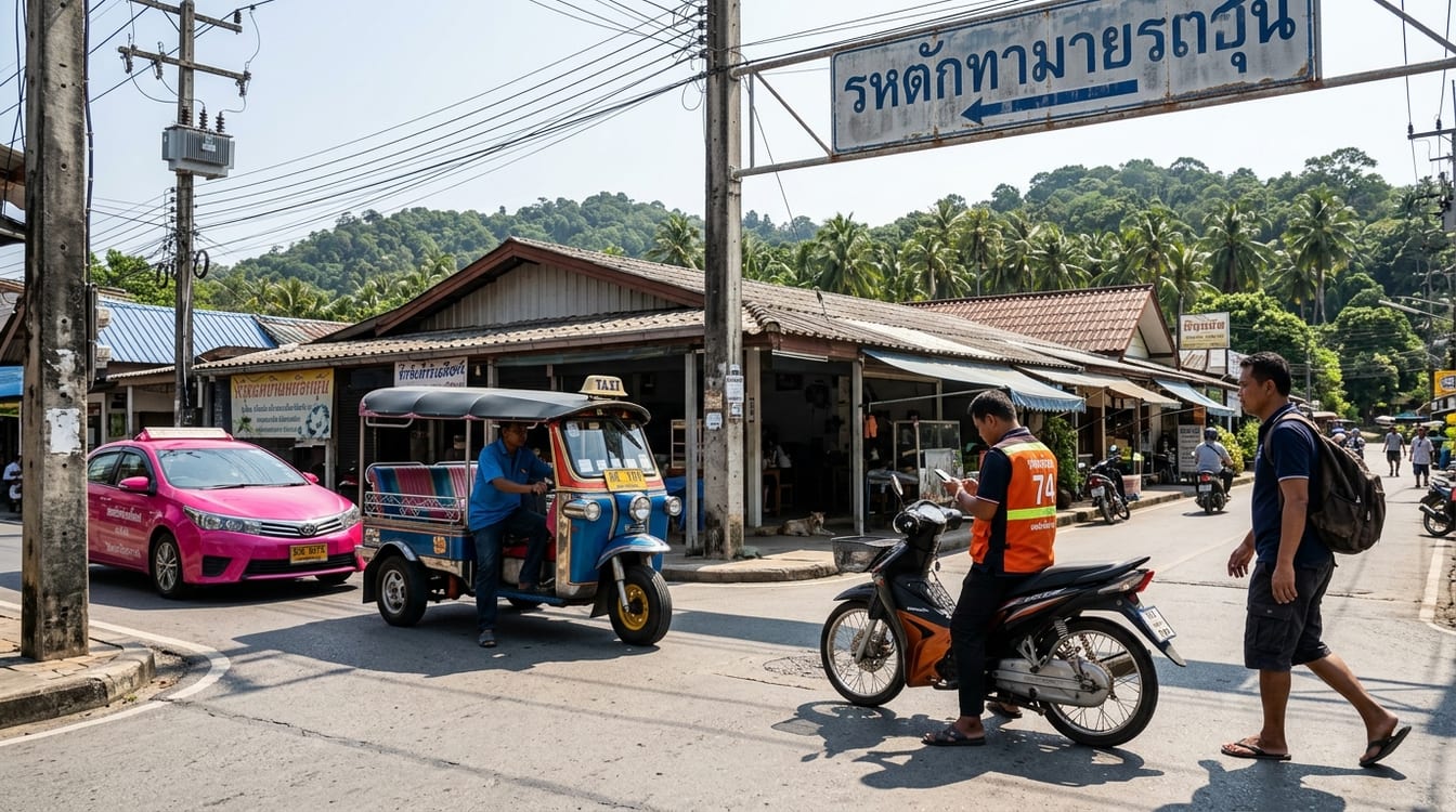Taxi-meter jaune et vert dans une rue de Bangkok, taxi en Thaïlande