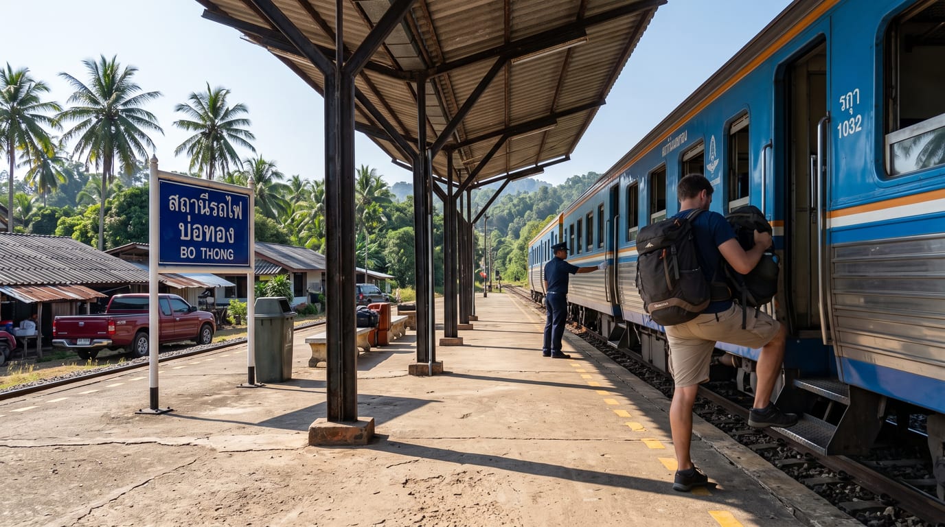 Train en Thaïlande à quai dans une gare de Bangkok
