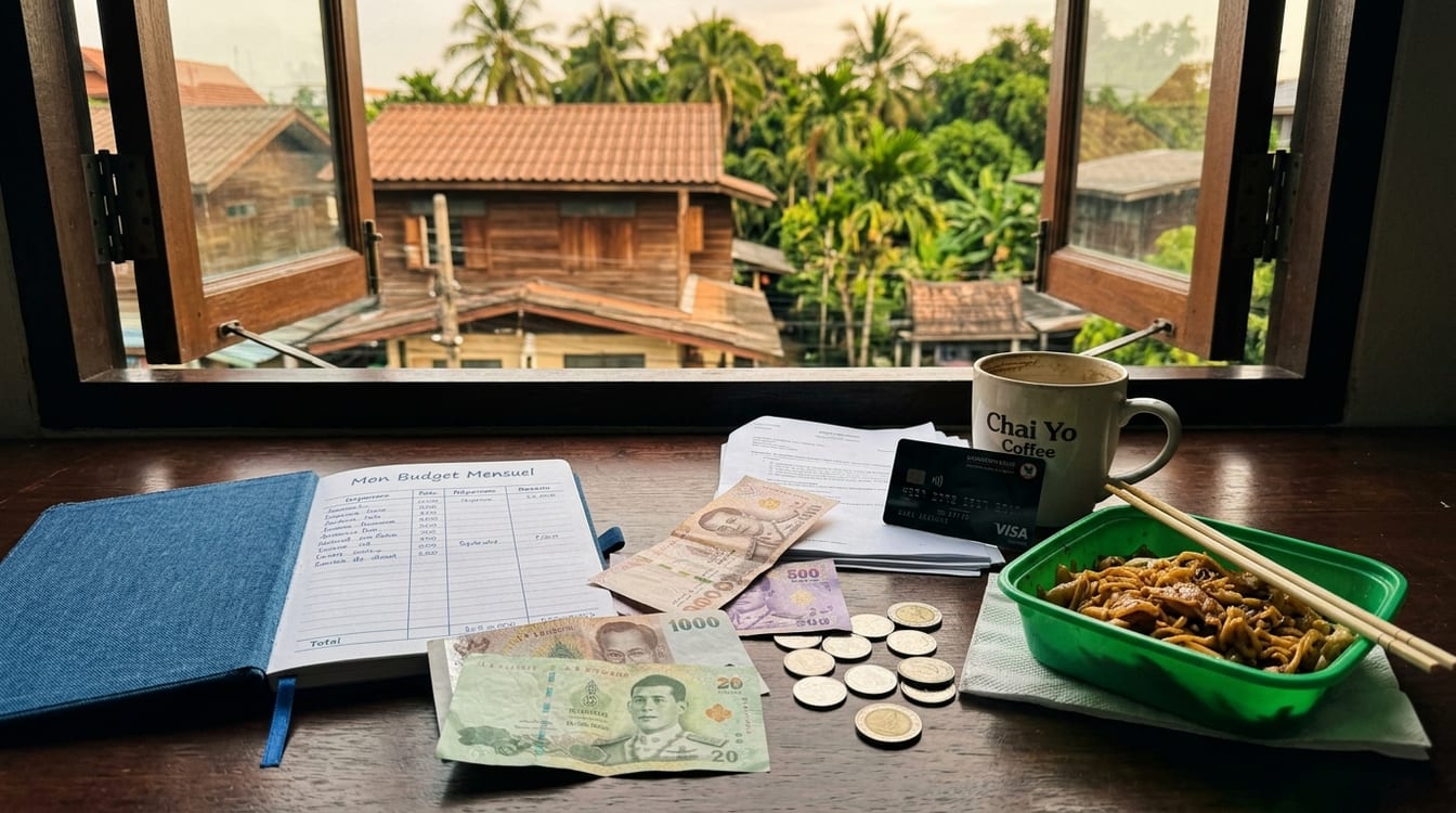 Budget étudiant en baht thaïlandais avec cahier de comptes et carte bancaire