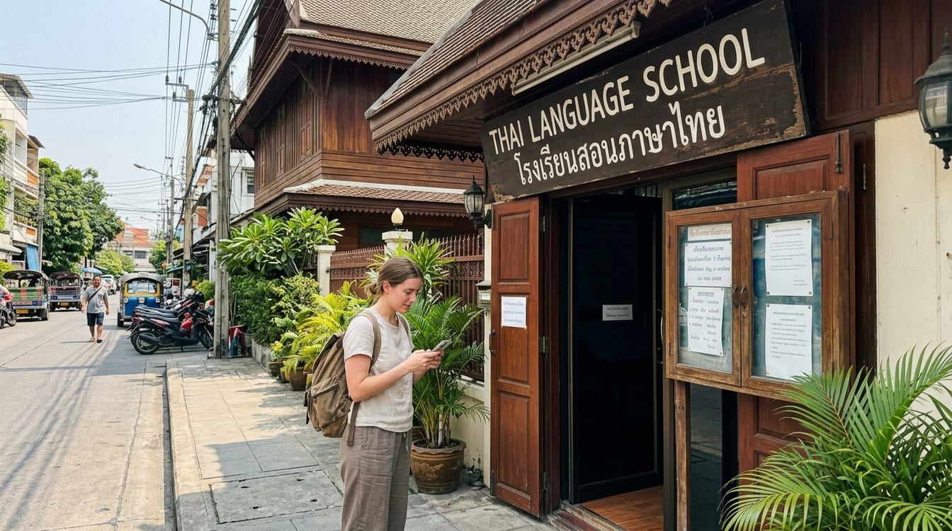 Façade d'une école de langue thaï agréée OPEC à Bangkok