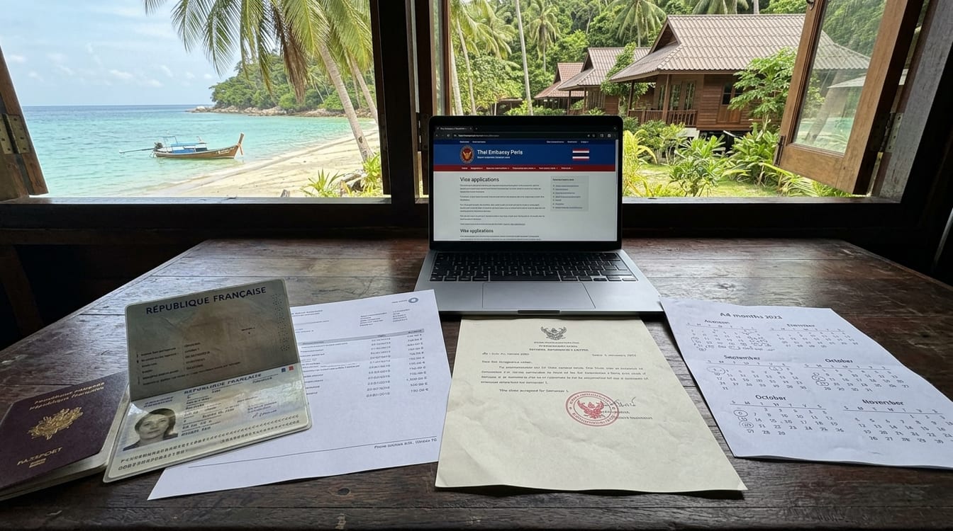 Dossier visa ED ouvert sur un bureau avec passeport français et relevé bancaire