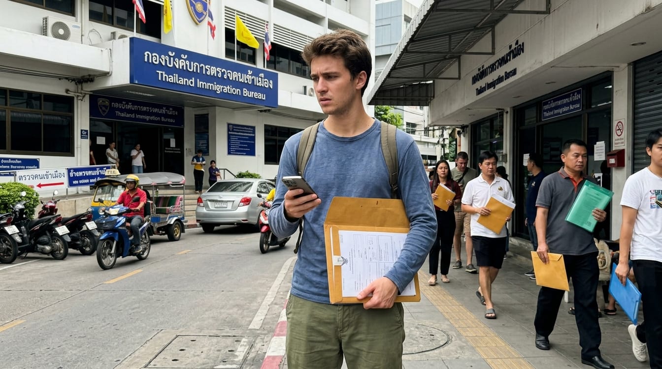 Étudiant devant l'immigration de Bangkok en tenue correcte, dossier à la main