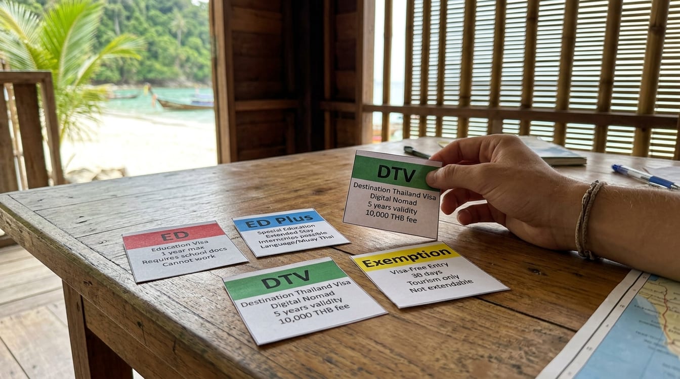 Comparaison des visas ED, ED Plus, DTV et exemption posés sur un bureau