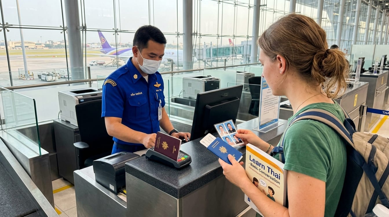Contrôle d'un passeport ED par un agent d'immigration à l'aéroport Suvarnabhumi