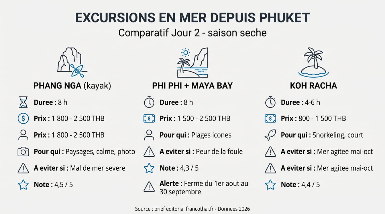 Comparatif des excursions Phang Nga, Phi Phi et Koh Racha en une infographie