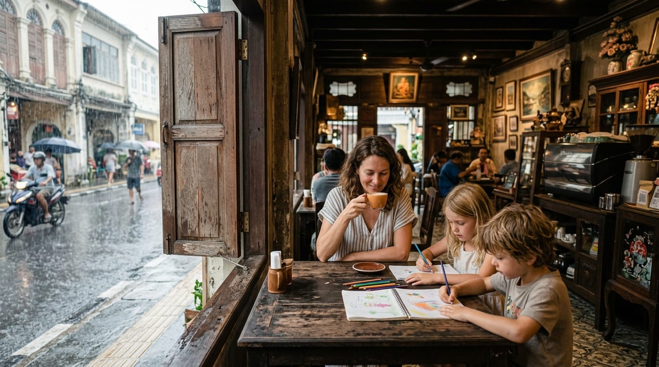 Voyageuse avec enfants dans un café de Old Phuket Town par temps de pluie