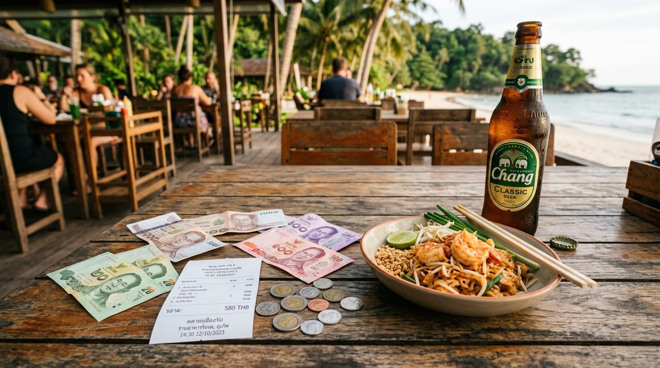 Billets en bahts thaïlandais posés sur une table de restaurant à Phuket