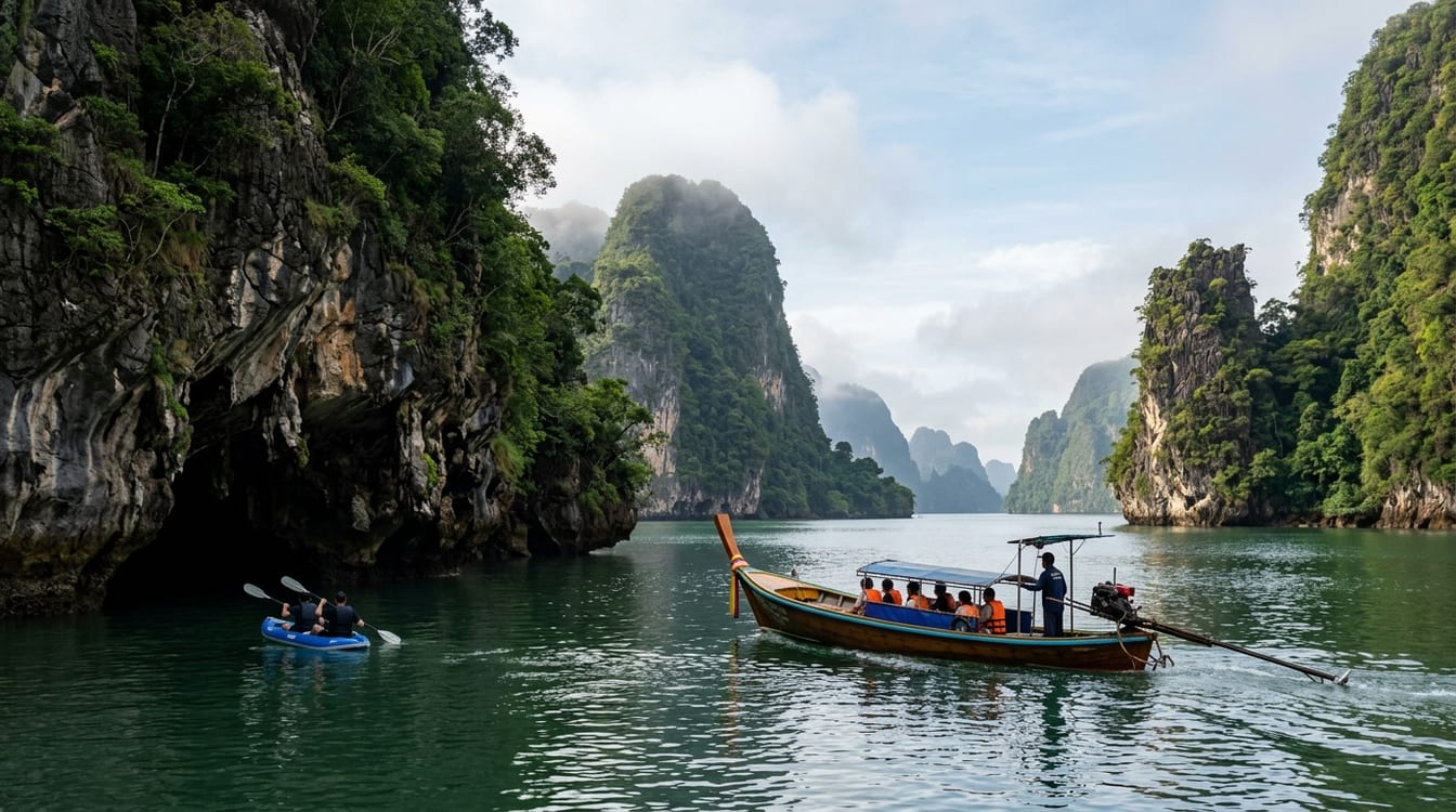 Baie de Phang Nga et longtail au petit matin depuis Phuket